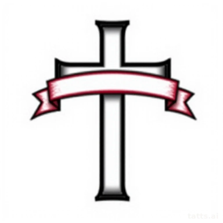 Tattoo design: Memorial cross with ribbon banner space for lettering, traditional American bold
