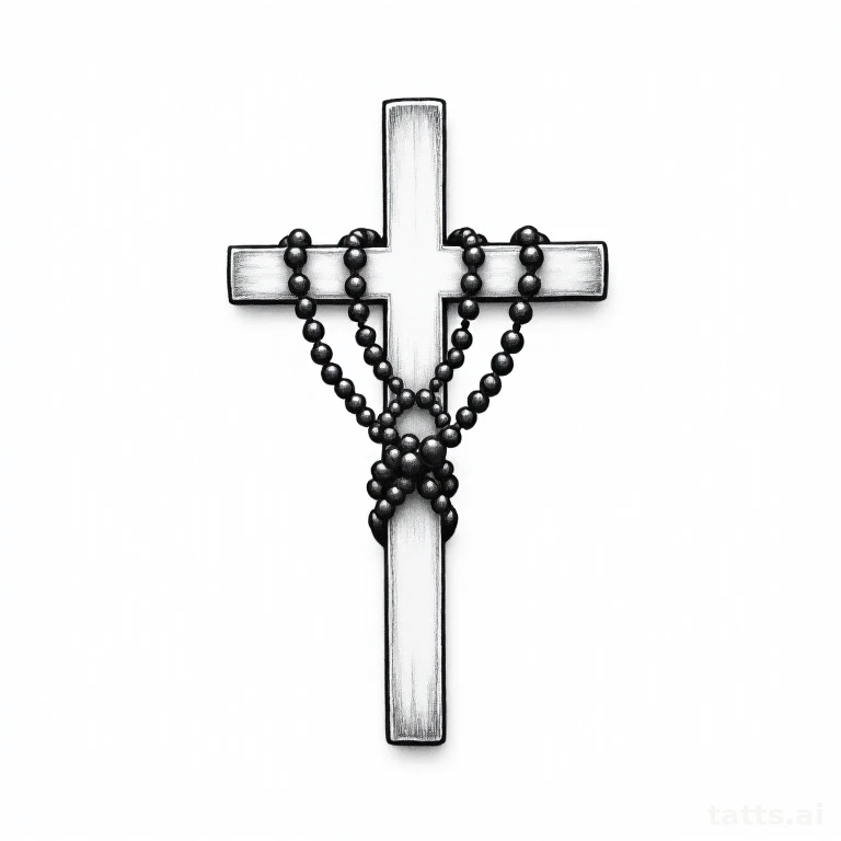 Tattoo design: Cross wrapped in rosary beads, fine-line religious illustrative style, clean gra