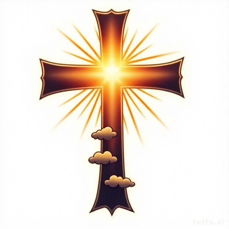 Tattoo design: Cross with radiating light rays and clouds, neo-traditional bold color treatment