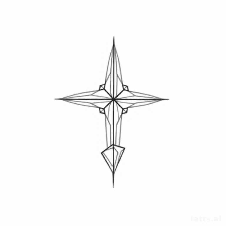 Tattoo design: Geometric cross built from angular faceted segments, clean minimalist black line