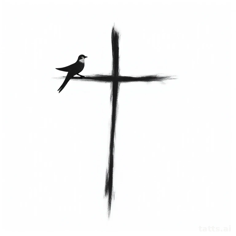 Tattoo design: Cross with dove perched on crossbar, illustrative memorial design, clean black a