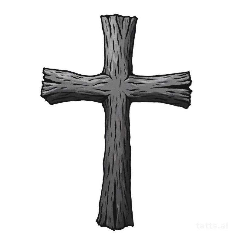 Tattoo design: Wooden textured rugged cross with cracked grain detail, blackwork illustrative s