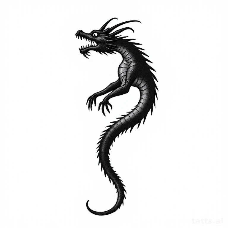 Tattoo design: black and gray dragon forearm tattoo design, elongated serpentine body, fine sca