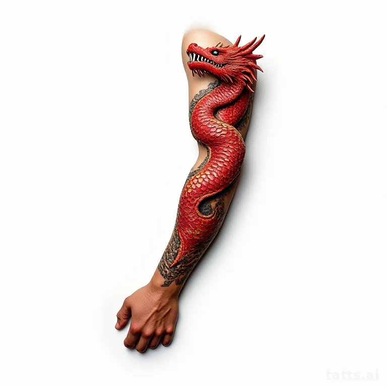 Tattoo design: dragon forearm tattoo design, wrist to elbow composition, full color red and gol