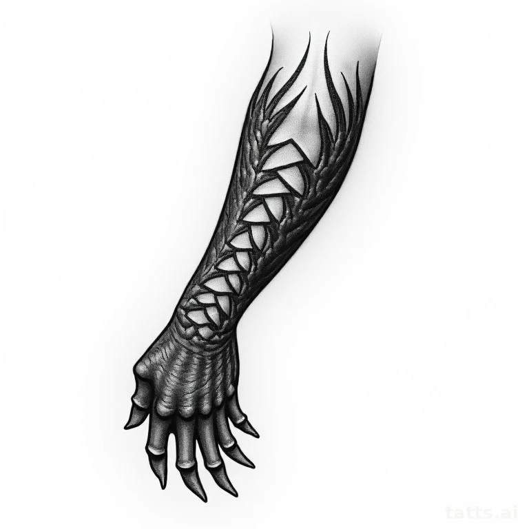 Tattoo design: dragon claw and scale forearm tattoo design, detailed texture close-up, bold out