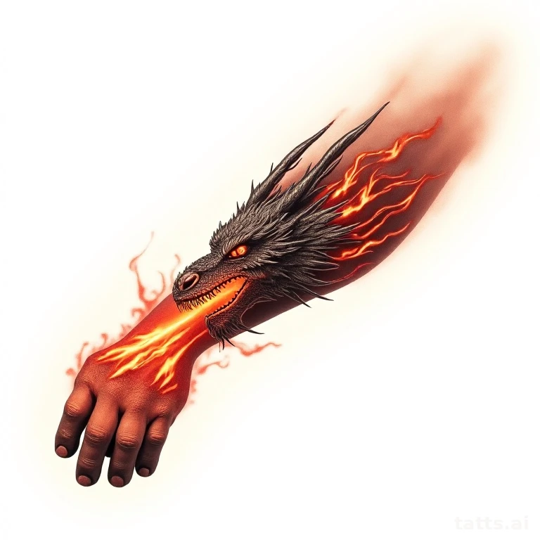 Tattoo design: dragon breathing fire forearm tattoo design, dynamic flame detail, dramatic comp