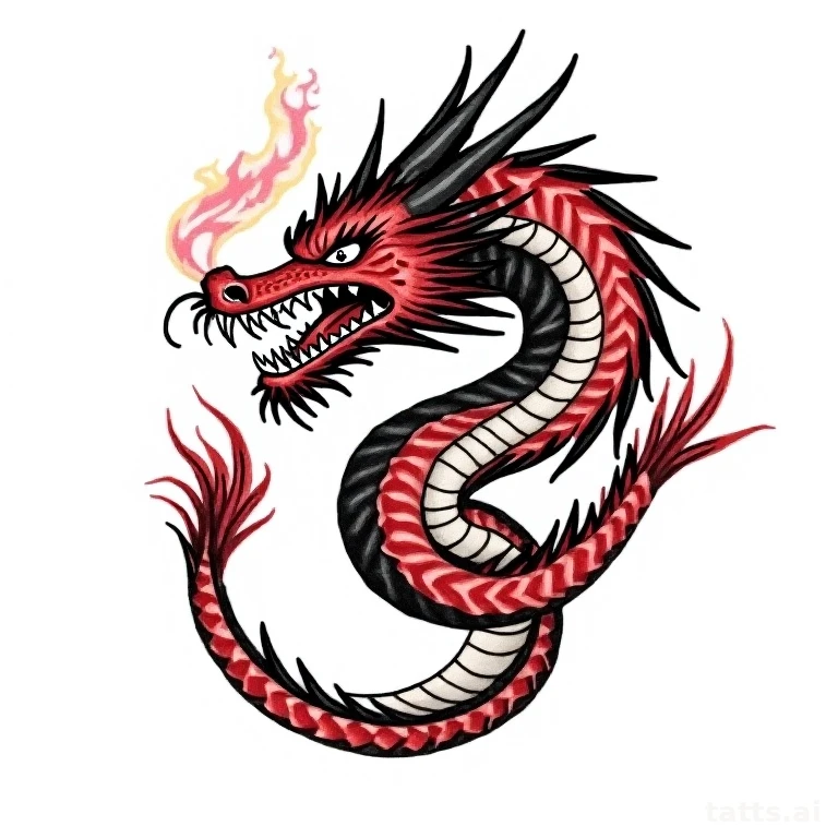 Tattoo design: Japanese ryu dragon coiled around a flaming pearl, bold irezumi linework, clean