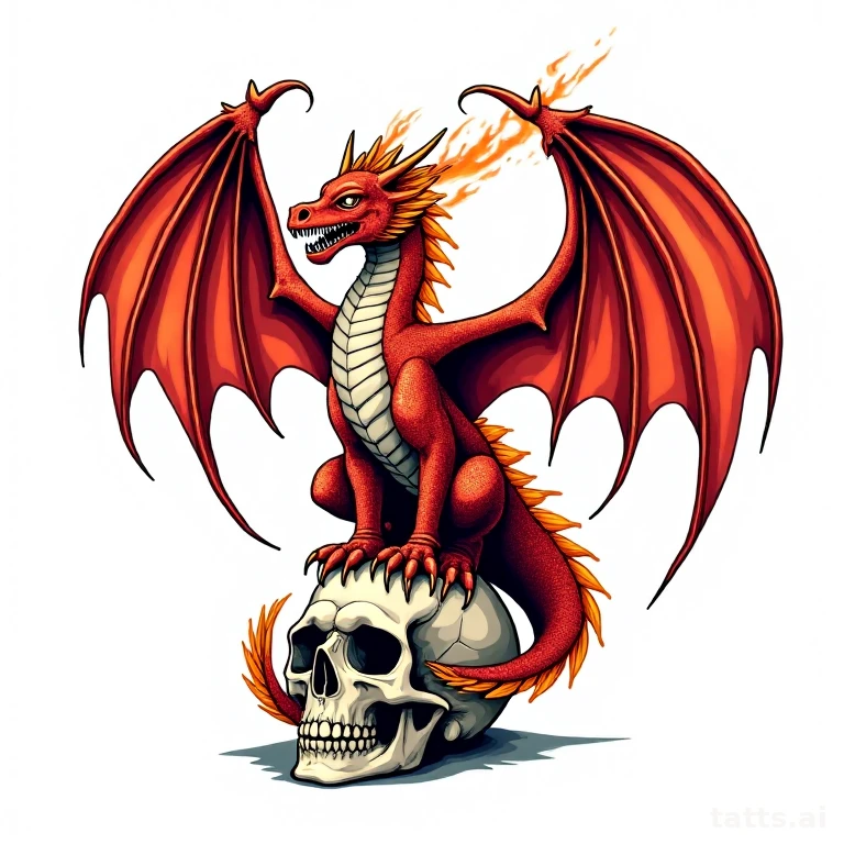Tattoo design: Western fire-breathing dragon with spread wings perched on a skull, neo-traditio