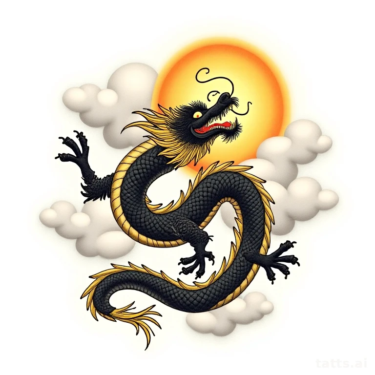 Tattoo design: Chinese imperial dragon chasing a sun disc through clouds, five-clawed, fine det