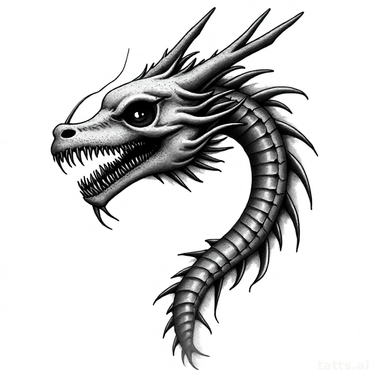 Tattoo design: Dragon skeleton in blackwork dotwork style, ribcage and skull detail, clean soli