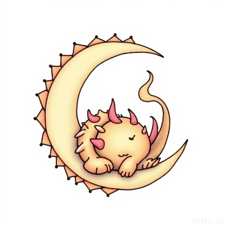 Tattoo design: Baby dragon curled asleep on a crescent moon, cute neo-traditional linework, cle