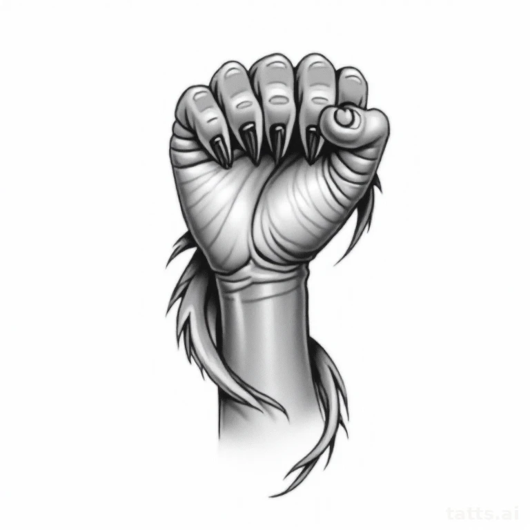 Tattoo design: Dragon claw wrapped around a wrist-shaped negative space, realism shading, clean