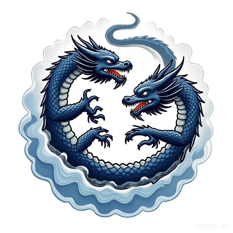Tattoo design: Two dragons intertwined in yin-yang formation, traditional Japanese wave backgro