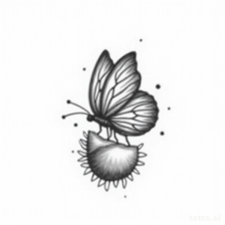 Tattoo design: butterfly emerging from chrysalis tattoo design, fine-line style, delicate black