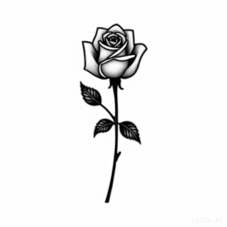 Tattoo design: single rose in full bloom tattoo design, fine-line single-needle style, delicate