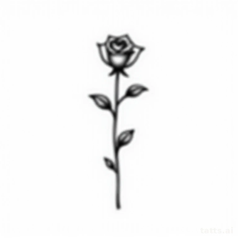 Tattoo design: rose bud with small leaves tattoo design, fine-line single-needle style, delicat