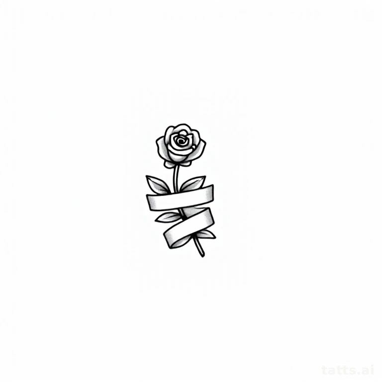 Tattoo design: small rose with banner ribbon tattoo design, fine-line minimalist style, delicat