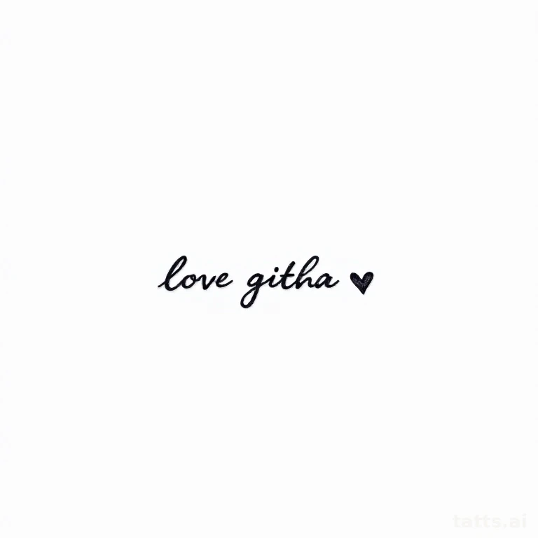 Tattoo design: small word with tiny heart accent tattoo design, fine-line script style, delicat