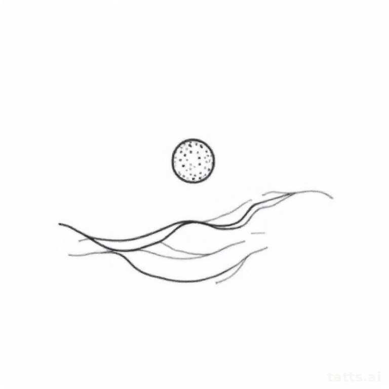 Tattoo design: fine line wave and moon tattoo design, thin continuous line, minimalist black in