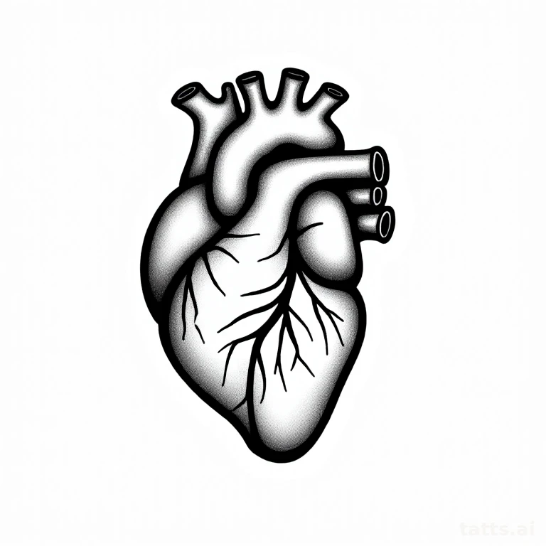 Tattoo design: fine line anatomical heart tattoo design, thin precise linework, single-needle s