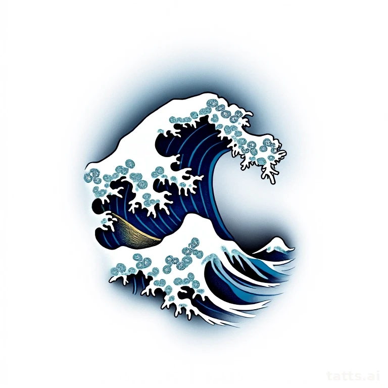 Tattoo design: Japanese wave and cloud panel tattoo design, irezumi style, bold black outlines