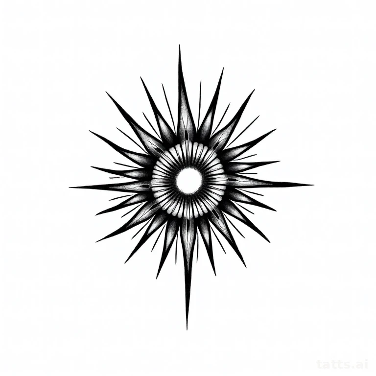 Tattoo design: mandala sun burst tattoo design, fine-line geometric style, delicate black linew