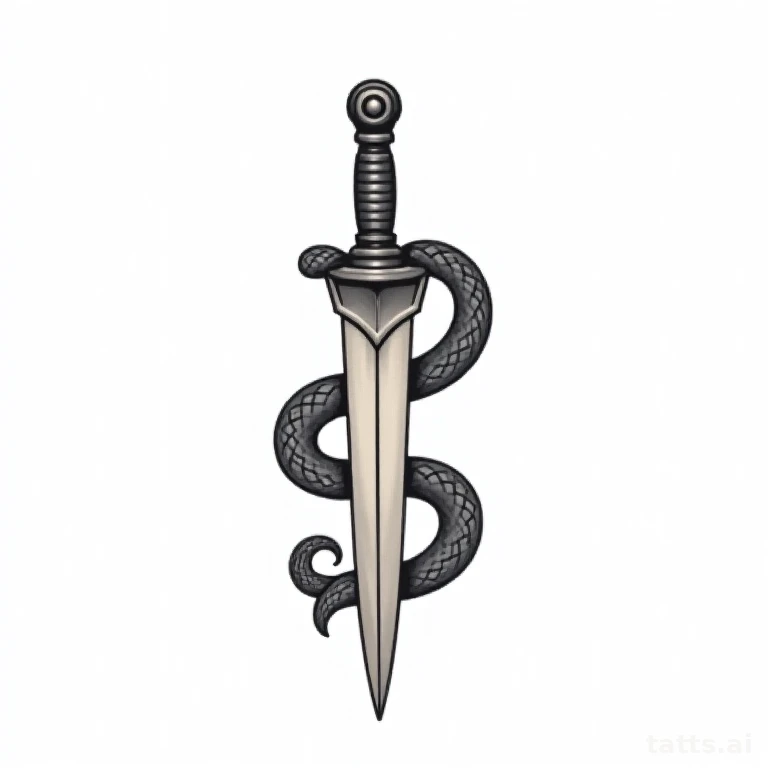 Tattoo design: snake wrapped around dagger tattoo design, neo-traditional style, bold outlines