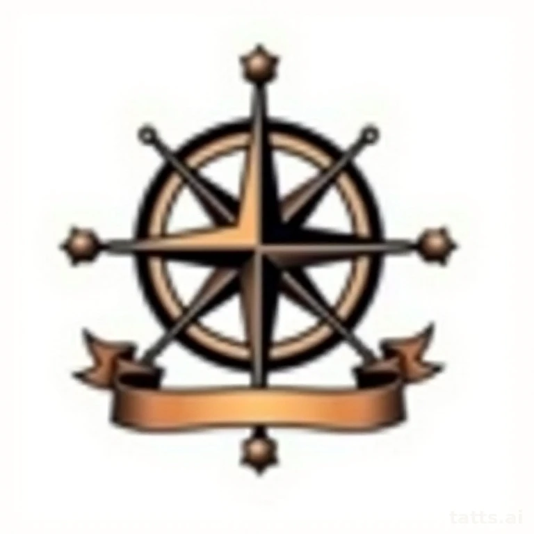 Tattoo design: compass rose with banner tattoo design, American traditional style, bold black o