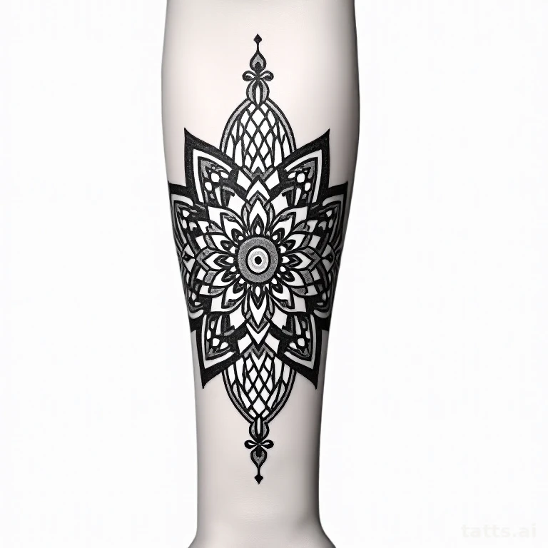Tattoo design: geometric forearm mandala tattoo design, symmetrical dotwork shading, precise ci