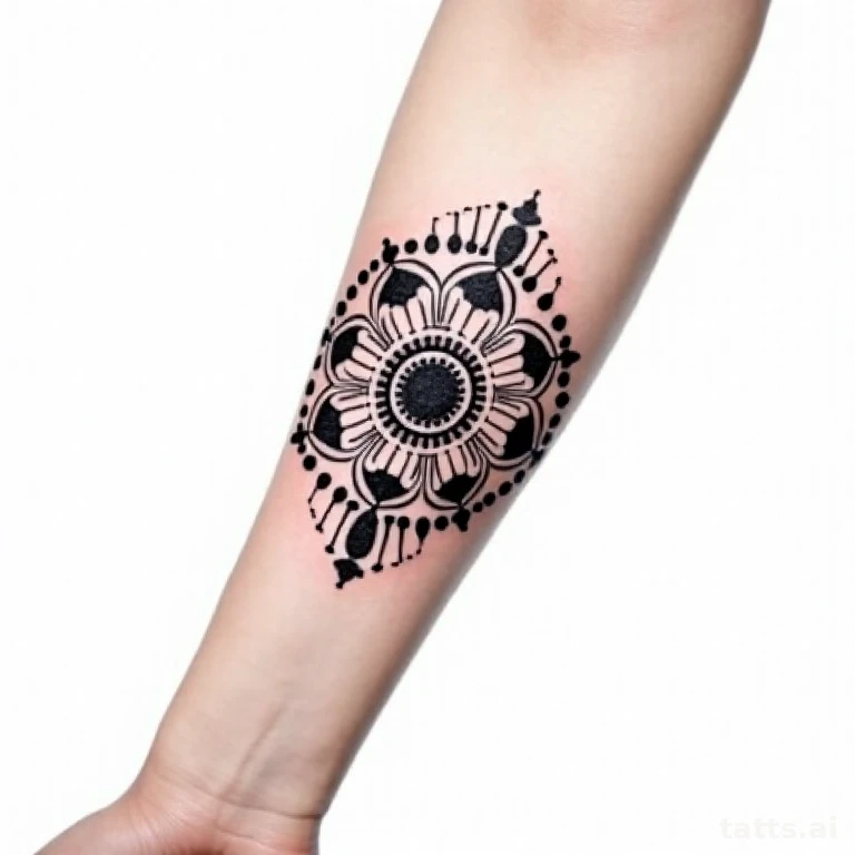 Tattoo design: geometric forearm dotwork mandala tattoo design, stippled shading, radial symmet