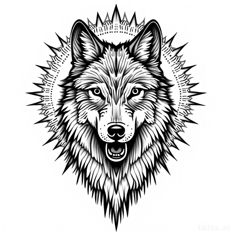 Tattoo design: geometric wolf and mandala background tattoo design, dotwork sun pattern, symmet