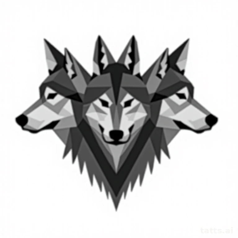 Tattoo design: geometric wolf pack tattoo design, three wolf heads abstracted into polygons, un