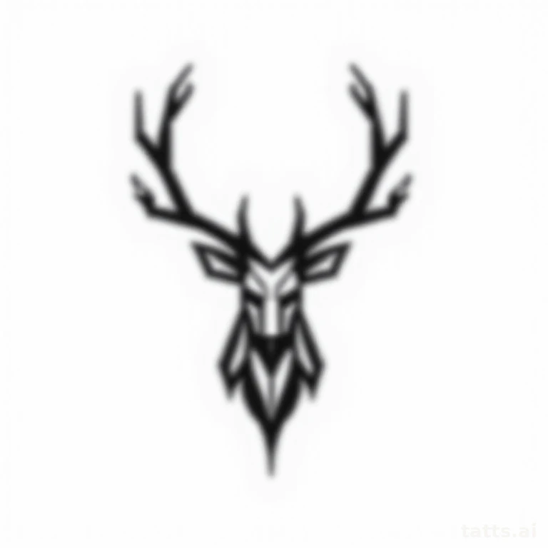 Tattoo design: geometric stag head tattoo design, low-poly faceted construction, bold black lin