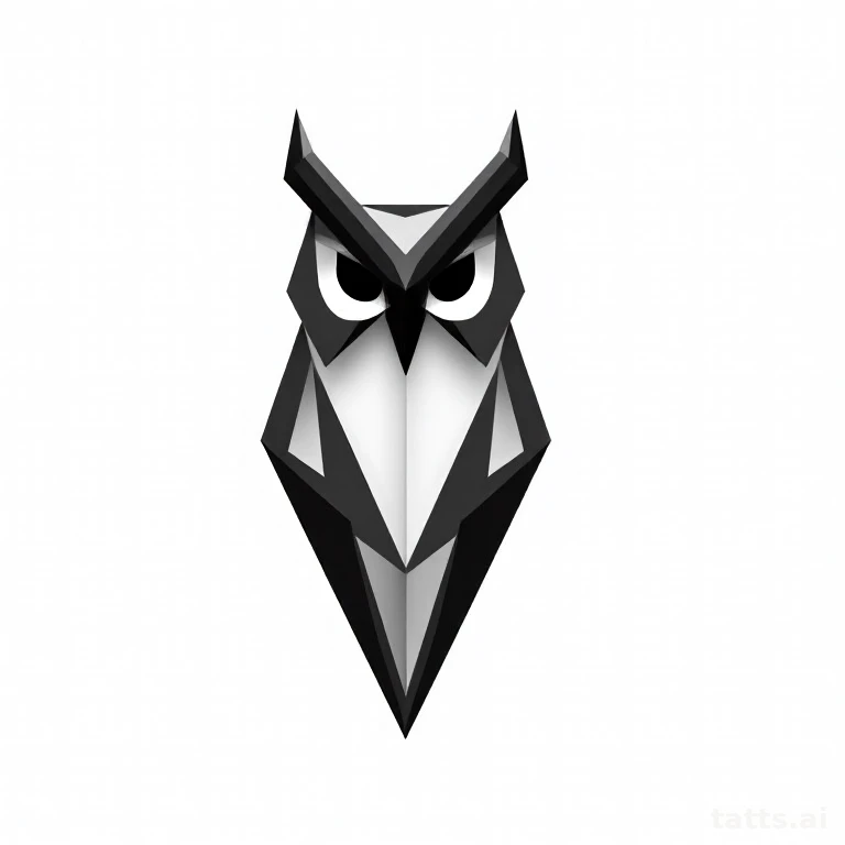 Tattoo design: geometric owl tattoo design, faceted triangular low-poly construction, bold blac