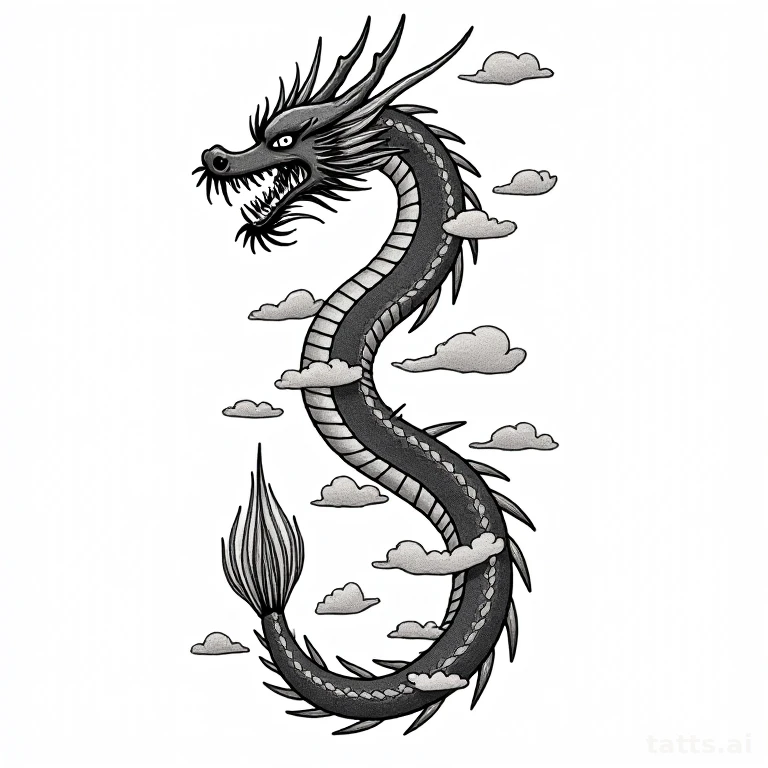Tattoo design: Japanese dragon sleeve tattoo design, serpentine body winding with wind bars and