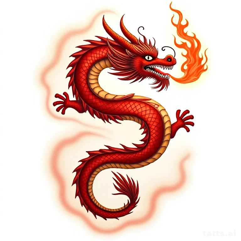Tattoo design: Japanese dragon chasing flaming pearl tattoo design, full color red and gold, wa