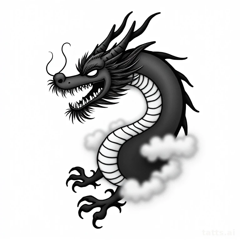 Tattoo design: black and gray Japanese dragon tattoo design, whiskered face, clawed feet, cloud