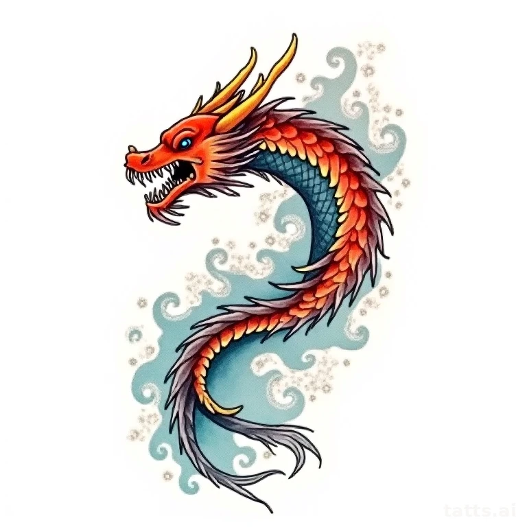 Tattoo design: Japanese dragon and koi transformation tattoo design, waterfall composition, tra