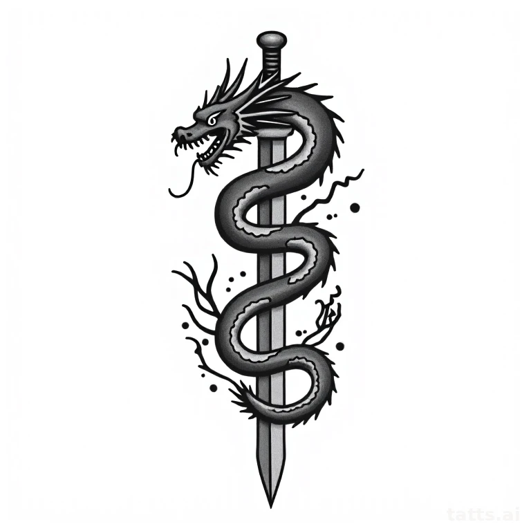 Tattoo design: Japanese dragon coiled around sword tattoo design, bold outline, wind bar backgr