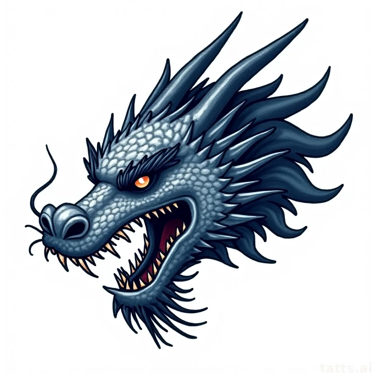 Tattoo design: Japanese dragon head close-up tattoo design, detailed scales and whiskers, deep