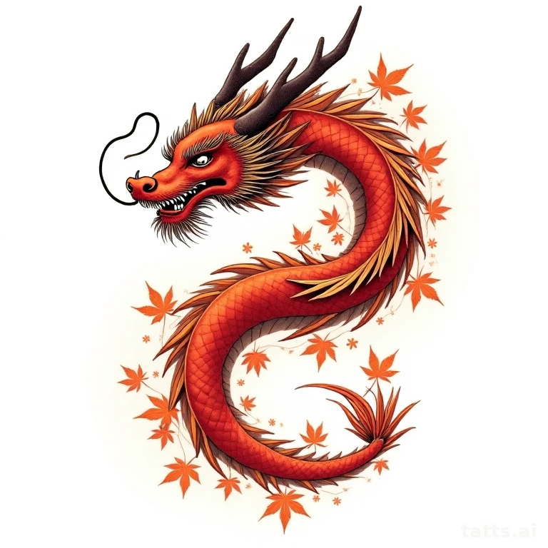 Tattoo design: Japanese dragon with maple leaves tattoo design, autumn color palette, flowing c