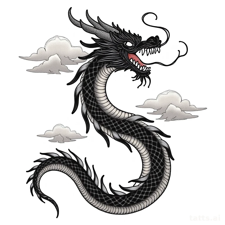 Tattoo design: Japanese dragon full body serpentine tattoo design, wave crests and storm clouds