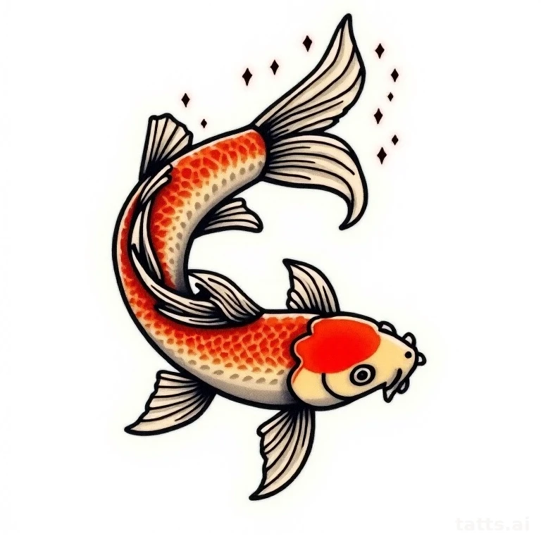 Tattoo design: Japanese koi fish swimming upstream tattoo design, bold black outline, orange an