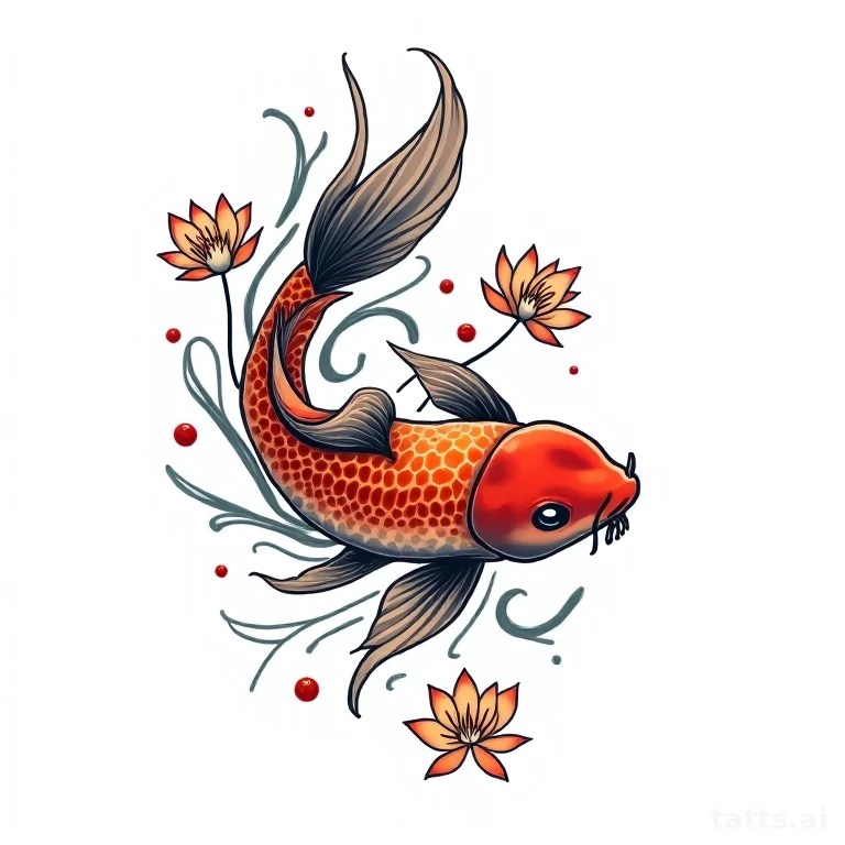 Tattoo design: Japanese koi and lotus flower tattoo design, full color composition, flowing wat