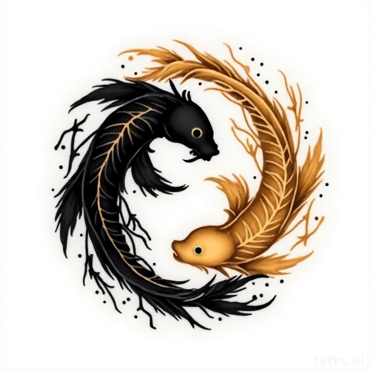 Tattoo design: Japanese twin koi yin yang tattoo design, one black one gold, circular compositi