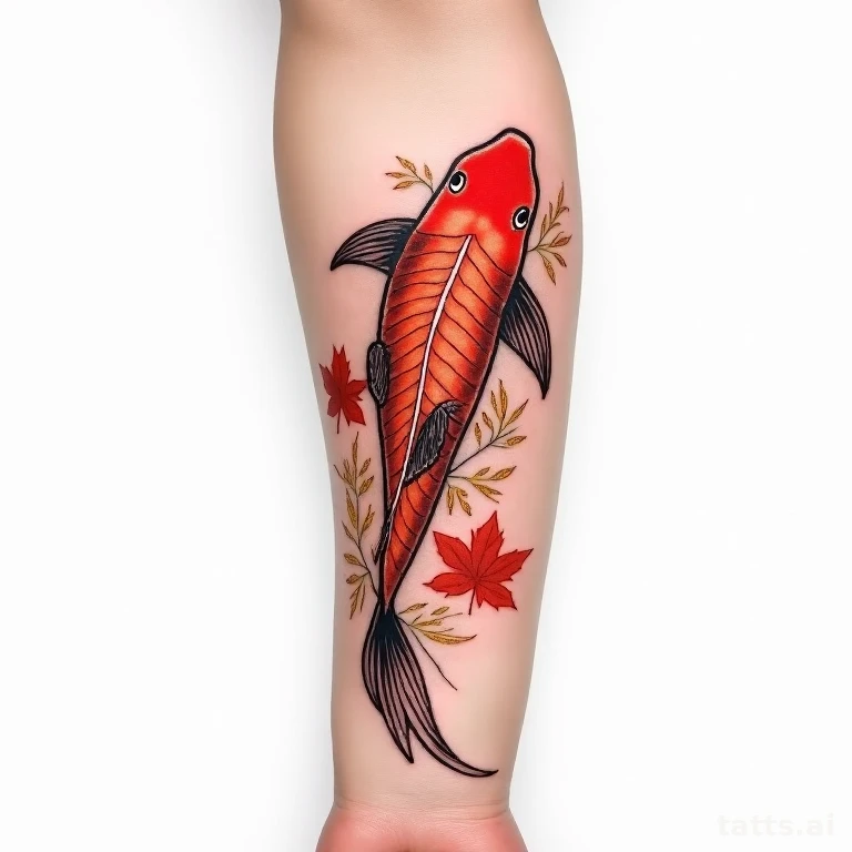Tattoo design: Japanese koi fish with maple leaves tattoo design, autumn palette, elongated for