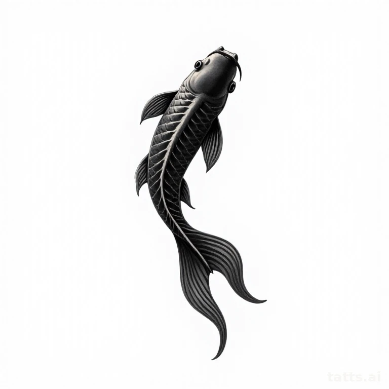 Tattoo design: Japanese koi fish rib piece tattoo design, vertical flowing composition, bold wa
