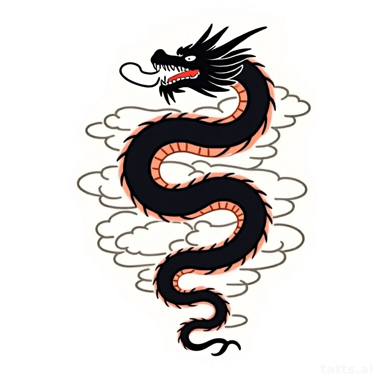 Tattoo design: Japanese irezumi dragon with clouds tattoo design, bold black outline, tradition