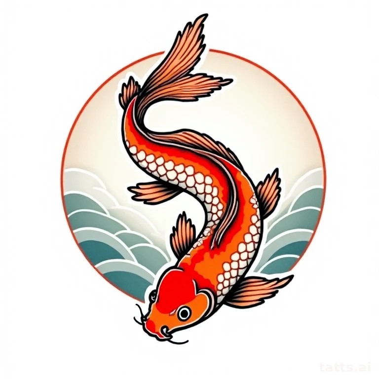 Tattoo design: Japanese koi fish swimming upstream tattoo design, traditional wave background, 