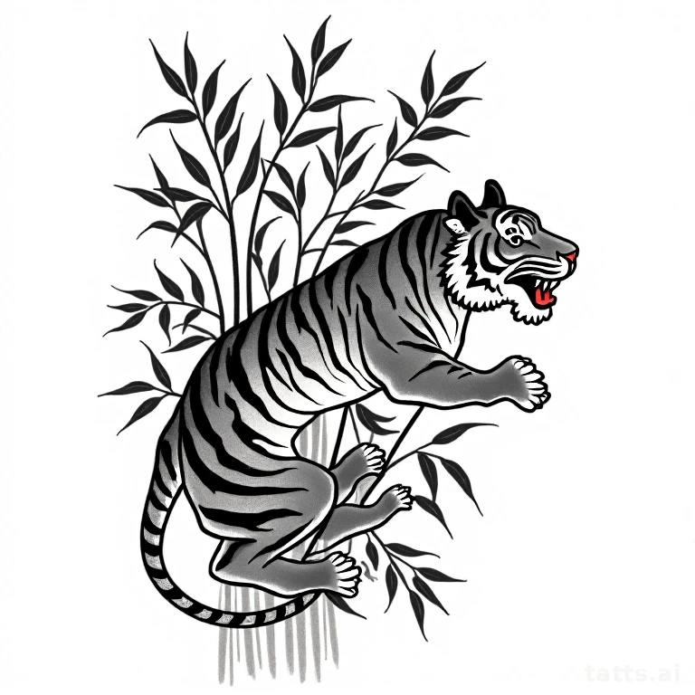 Tattoo design: Japanese irezumi tiger among bamboo tattoo design, bold black linework, traditio